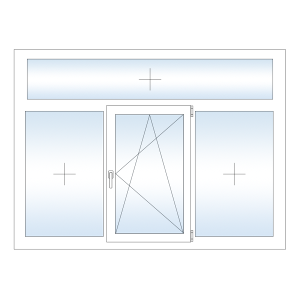Трехстворчатое пластиковое окно Rehau с центральной поворотно откидной створкой и глухой фрамугой