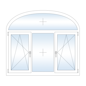 Трехстворчатое, арочное пластиковое окно Rehau с боковыми поворотно откидными створками и глухой фрамугой