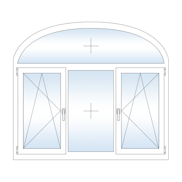 Трехстворчатое, арочное пластиковое окно Rehau с боковыми поворотно откидными створками и глухой фрамугой